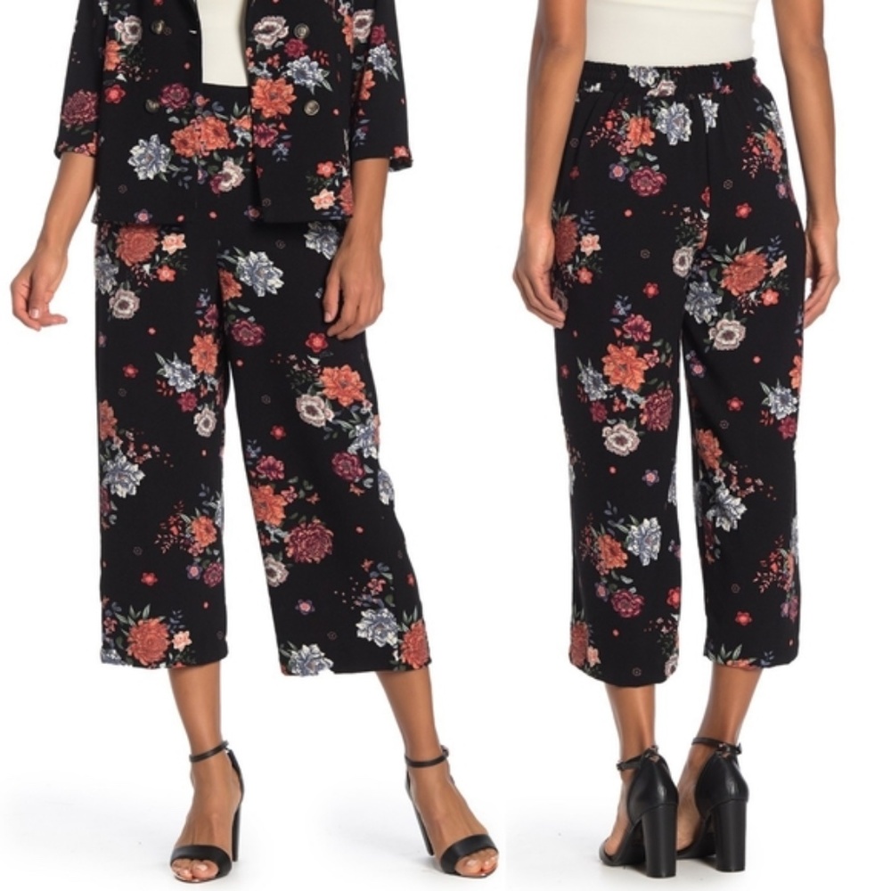 Bobeau Floral Cropped High Waisted Pants Black Size Medium Petite